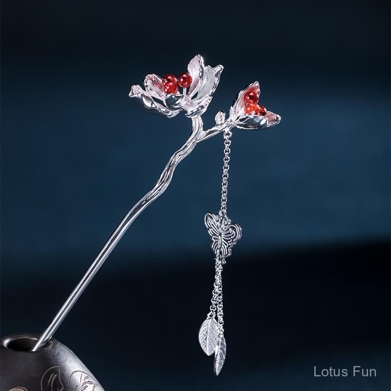 S925 Bạc Garnet Kẹp Tóc Retro Court Hanfu Phụ Kiện Mũ Đội Đầu Hoa Đẹp 520 Quà Tặng