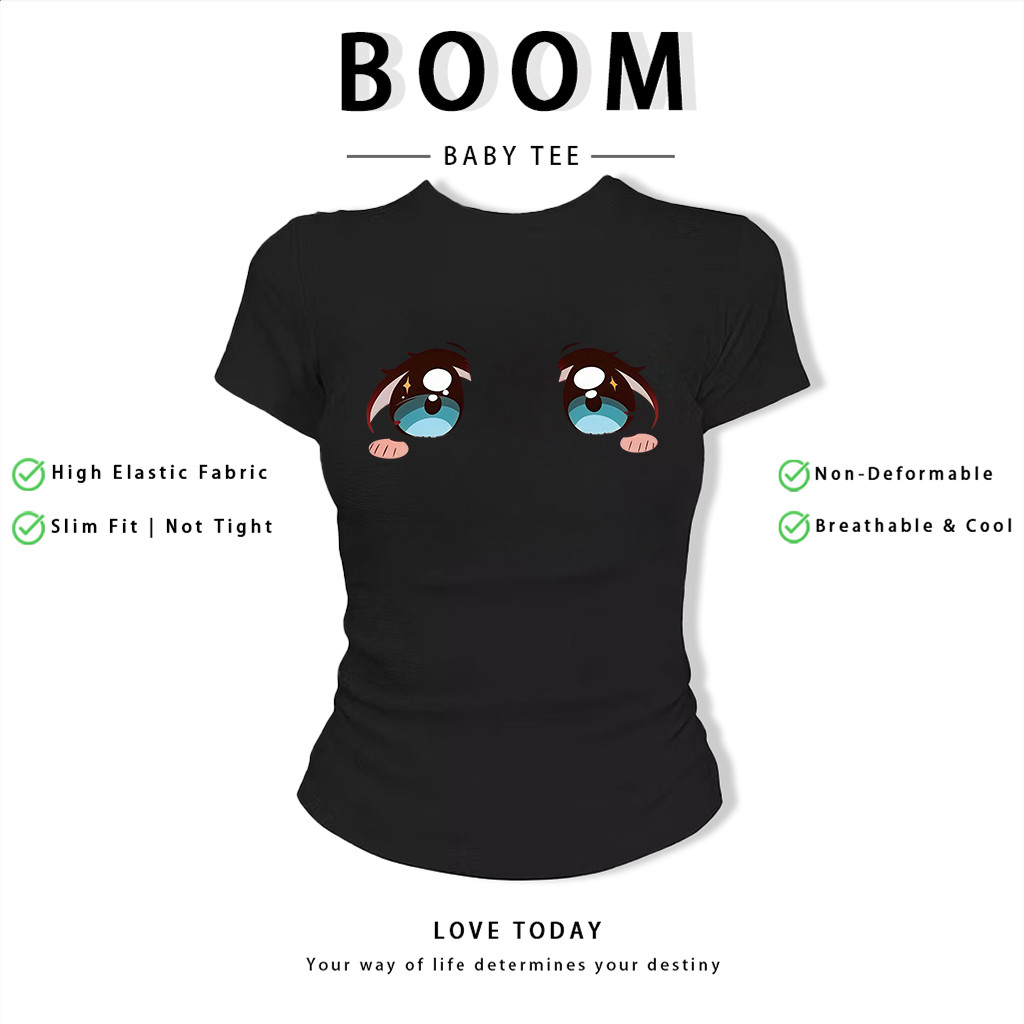 BOOM Áo Baby Tee Nữ Cotton Ôm Body-Áo Thun Ngắn Tay Y2K In Hình PhongCách Mùa Hè, Cổ Tròn Hàng Đầucách hàn quốc phongG82