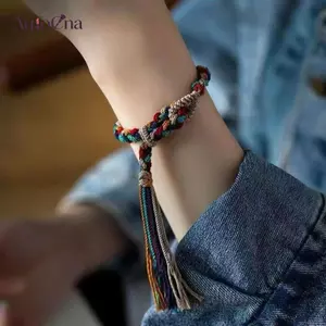AqToCna Handmade Tây Tạng Bện Dây Nhiều Màu Sắc Dây Đeo Tay Phong Cách Dân Tộc Lắc Tay Có Thể Điều Chỉnh Kéo Dây Đeo Tay AqToCna
