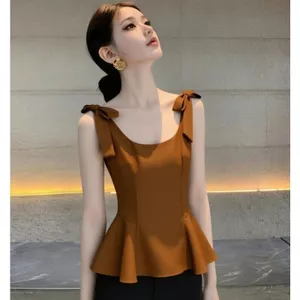 Dịp quan trọng Áo sơ mi đẹp nữ 2026 Phong cách mới Thiết kế mùa hè kiểu Pháp Petty Bourgeoisie Sang trọng Màu cà phê Sling Top