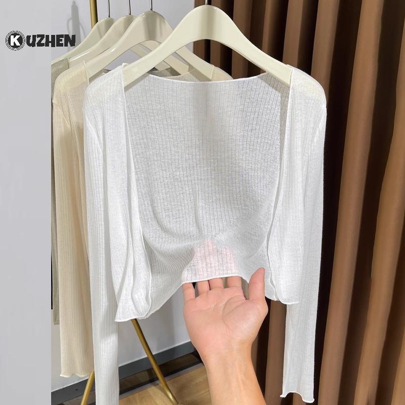 KUZHEN Áo len dài tay màu trơn Hàn Quốc đa năng chống nắng mỏng thông thường dành cho nữ HOT