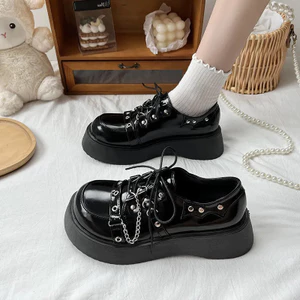 Chân Rộng Béo Plus Size Giày Nữ 35-43 Nền Tảng Dày Gót Toe Giày Da Nhỏ Nữ Retro Anh Nhật Bản Giày jk