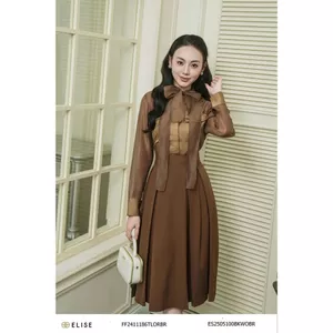 Áo sơ mi tơ nâu phối lụa dây cổ thiết kế Elise mã FF2411186TLORBR