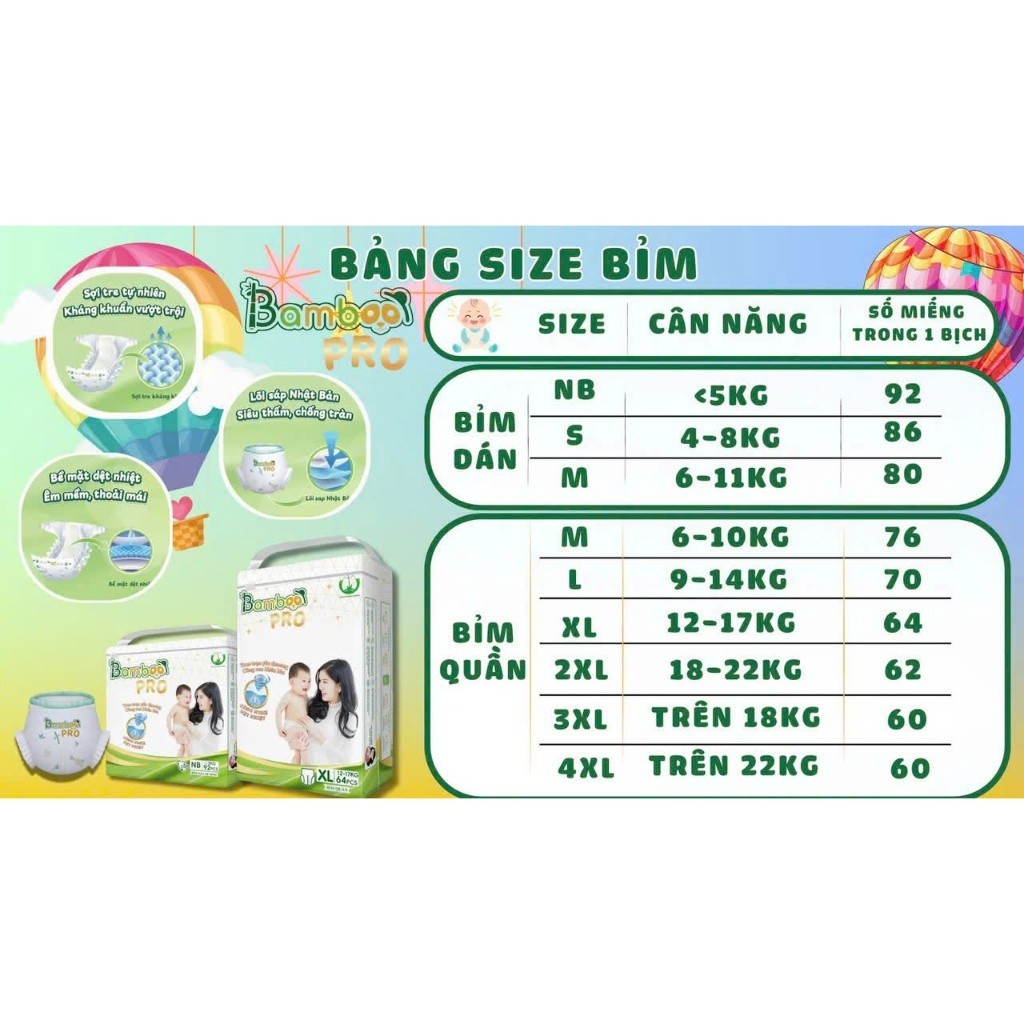 Bỉm BAMBOO PRO Dán/Quần Công Nghệ Nhật Bản Siêu Thấm, An Toàn Cho Da, Ôm Sát Thoải Mái Đủ Size