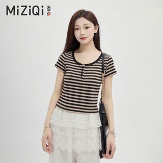 【Nên mua】áo kiểu nữ ngắn tay kẻ sọc, cổ tròn cài nút dáng ôm, chất thun mềm thời trang nữ tính