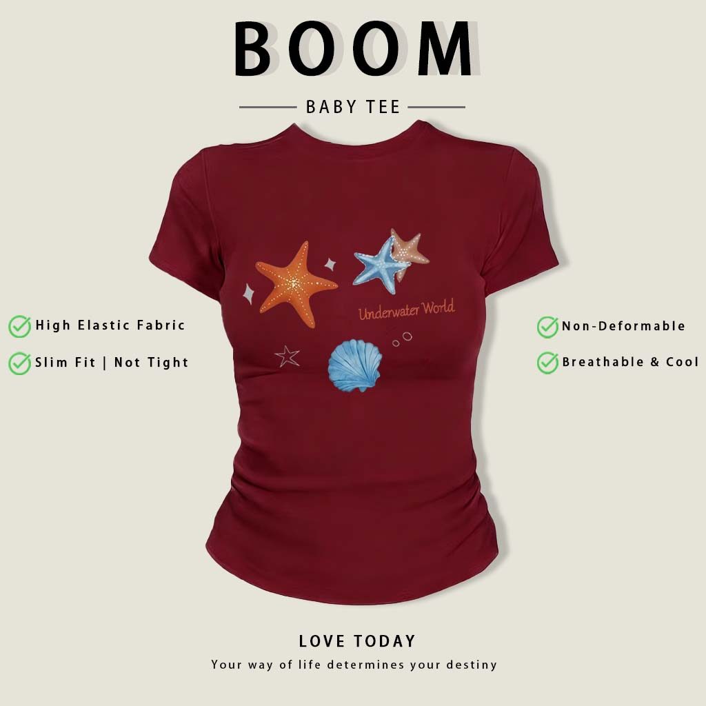 BOOM Áo Baby Tee Nữ Cotton Ôm Body-Áo Thun Ngắn Tay Y2K In Hình PhongCách Mùa Hè, Cổ Tròn Hàng Đầucách hàn quốc phongE40