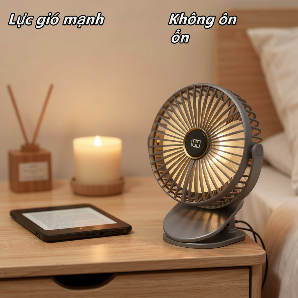 quạt tích điện mini xoay 720 độ không tiếng ồn đèn ngủ pin lâu 5 cấp gió phòng ngủ văn phòng
