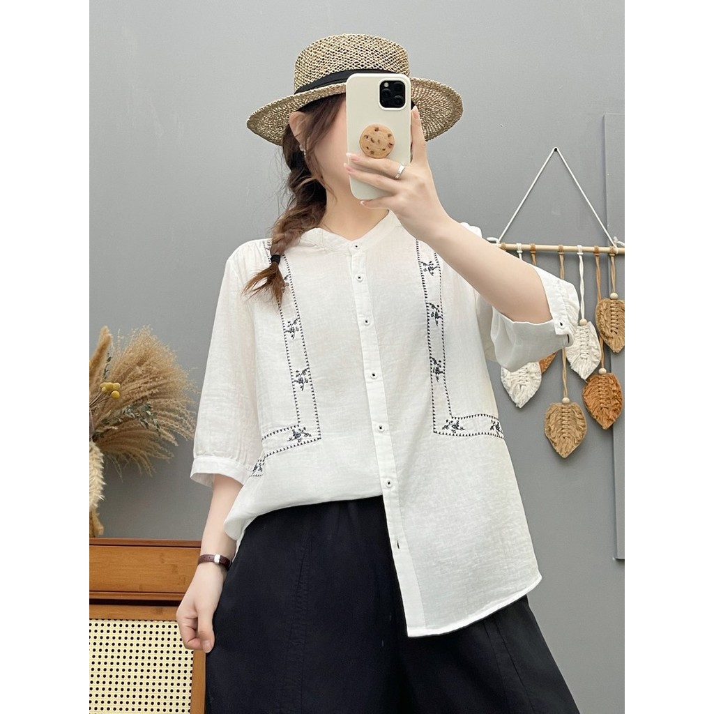 Áo sơ mi nữ Mori phong cách dân tộc, thêu tay ngắn, sợi cotton cao cấp