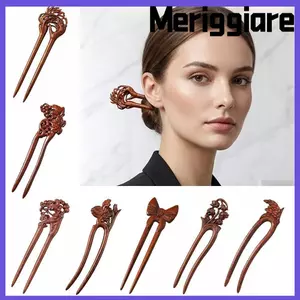 Kẹp Tóc Đôi MERIGGIARE, Mũ Gỗ Khắc Hoa Nĩa Tóc, Phụ Kiện Tóc Phong Cách Hình Chữ U Gỗ Tóc Dính Nữ