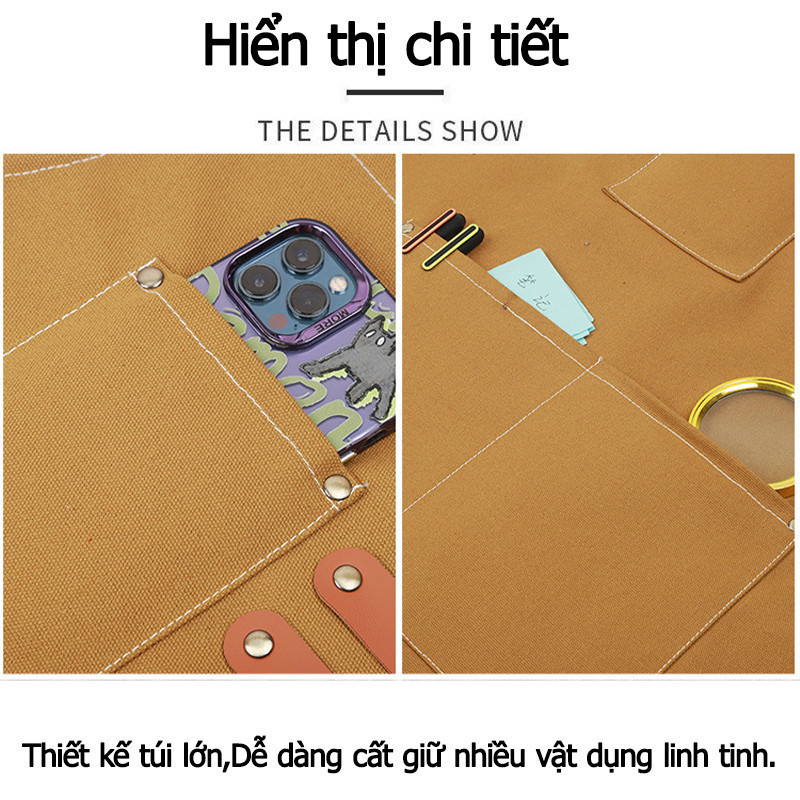 Tạp dề dài vải canvas có thể điều chỉnh dây đeo,Túi lớn, sử dụng đa năng, dùng được trong nhiều tình huống