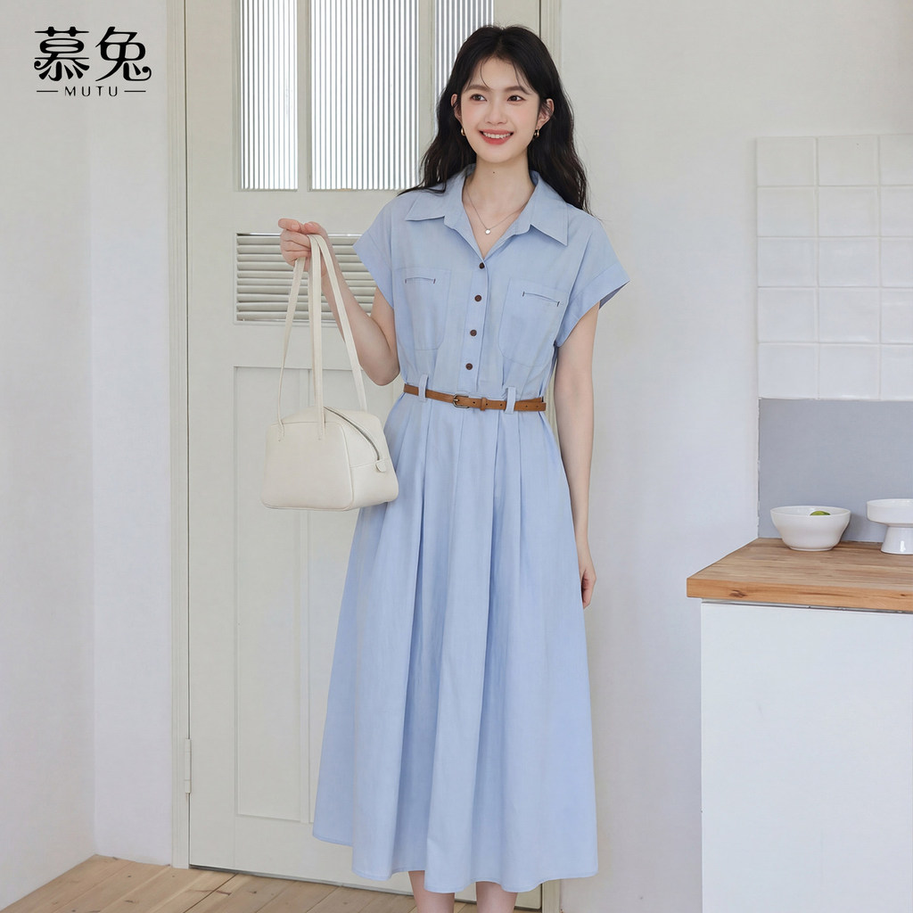 Mút áo sơ mi tay ngắn màu xanh dương phong cách Hàn Quốc, phù hợp mặc mùa hè