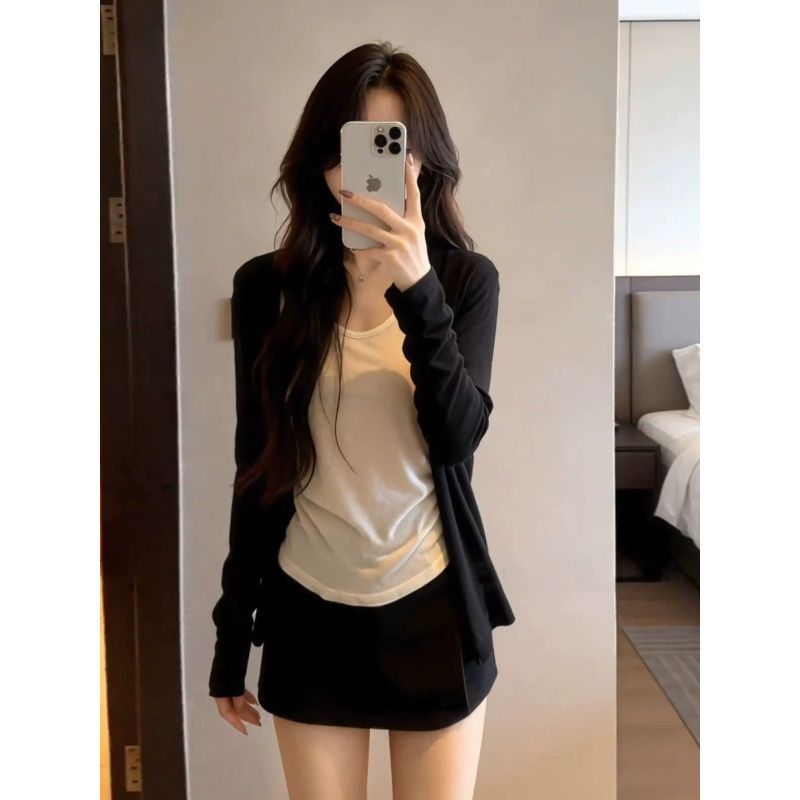 Áo len cardigan kiểu dáng khổng lồ phong cách Hàn Quốc màu đen, phù hợp mùa xuân hè