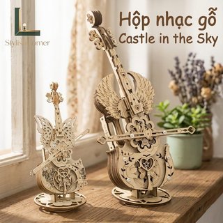 Hộp nhạc Violin bằng gỗ 3D Mô hình DIY Quà tặng âm nhạc tự nhiên Lâu đài trên bầu trời Trang trí