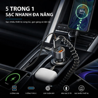 Sạc xe hơi đa năng Sạc nhanh Cáp có thể thu vào 5 trong 1 PD 30W USB Type C Du lịch an toàn
