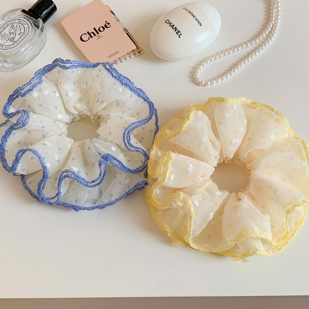 Hululu Scrunchy Phong Cách Hàn Quốc, Màu Vàng Chấm Bi, Four-Layer Gauze