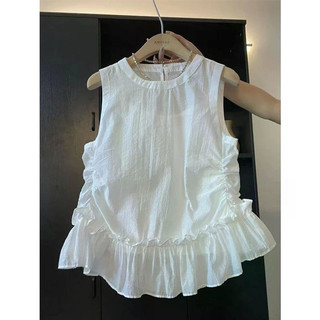 Áo sơ mi không tay cho bé gái với thiết kế agaric hem, xếp ly nẹp-waist, màu tím đỏ đơn giản và thời thượng