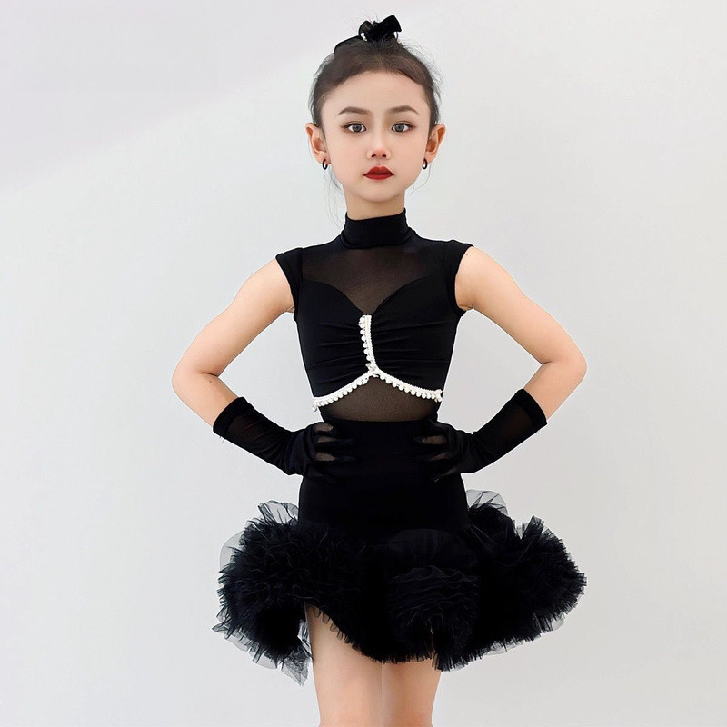 💕Chỗ💕 Chân Váy Khiêu Vũ Latin Tiêu Chuẩn Cuộc Thi Trang Phục Cô Gái Cổ Cao Lưới Nối Không Tay Váy Vải Tuyn Phồng