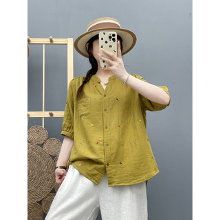 Áo sơ mi nữ cotton cao cấp mùa hè, thiết kế cổ chữ V thêu và tay ngắn
