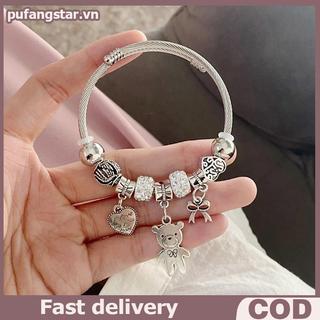 Pufangstar Cổ Đính Hạt Charm Vòng Tay Gấu Mặt Dây Chuyền Trái Tim Tình Yêu Có Thể Điều Chỉnh Vòng Tay Lắc Tay Nữ DIY Trang Sức Quà Tặng VN