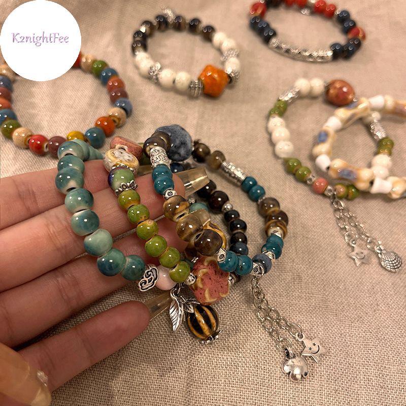 K2nightFee Thủ Công Gốm Đính Hạt Vòng Tay Vintage Co Giãn Vòng Tay Thanh Lịch Retro Phong Cách Boho Có Thể Điều Chỉnh Vòng Tay Trang Sức Cho Nữ VN