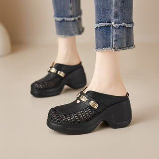 Giày Cao Gót Nữ Mũi Vuông Dày Gót Slip-On Rỗng