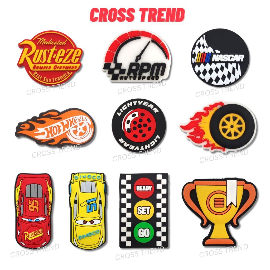Set charm gắn dép cross XE ĐUA , Nút gắn phụ kiện sticker anime trang trí dép cross CROSS TREND