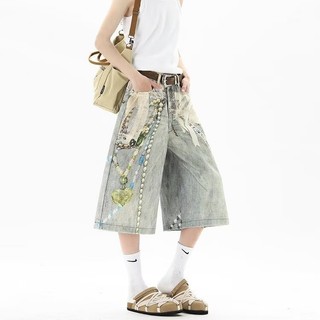 Quần short denim nam GKSSS, phong cách hip-hop Mỹ, chất lượng đường phố cao cấp, phong cách trung tính