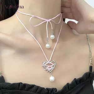 AqToCna Phóng Đại Vintage Thanh Lịch Hợp Thời Trang Kim Loại Trái Tim Nelace Ruy Băng Ngọc Trai Mặt Dây Chuyền Xương Đòn Dây Xích Dành Cho Nữ Trang Sức Thời Trang AqToCna
