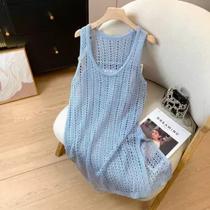 Áo vest cổ chữ U màu xanh phong cách lười biếng Áo dệt kim xẻ tà Áo dài vừa phải