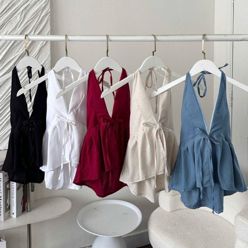 Áo Yếm Nữ Hở Lưng Hoa Nhí Cột Dây Sẵn Đệm Mút Chất Linen - SamHi Closet