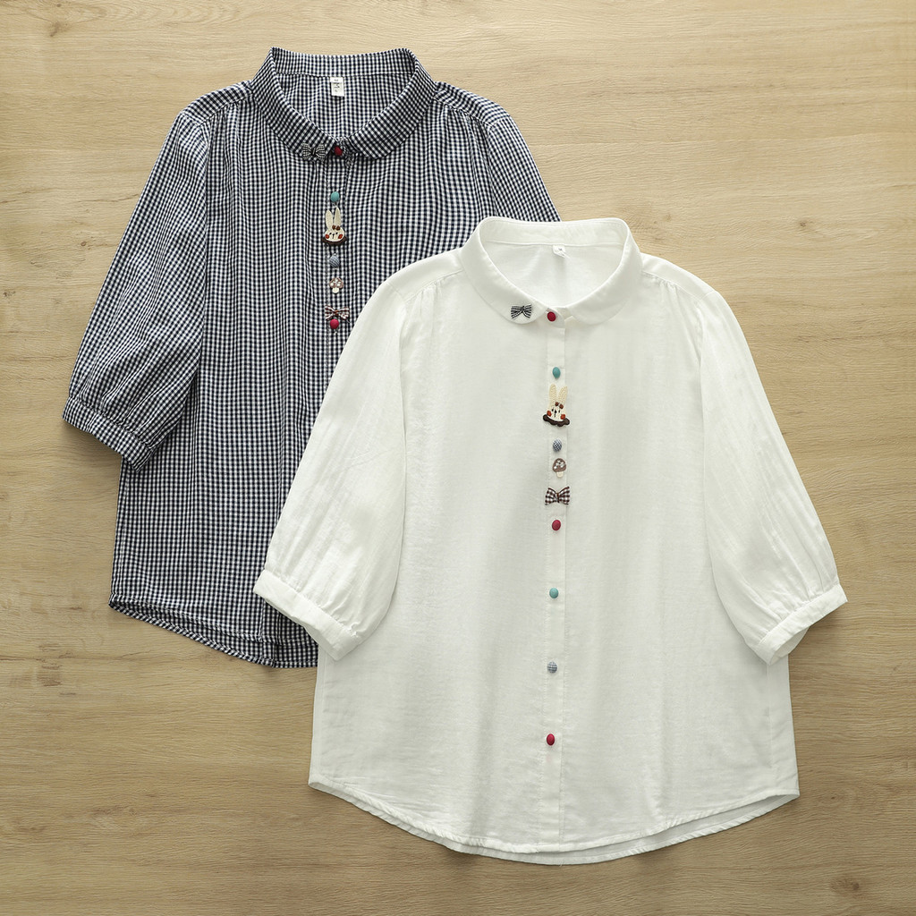 Áo sơ mi nữ cotton mềm tay lỡ, trang trí nổi 3D, phong cách trẻ trung