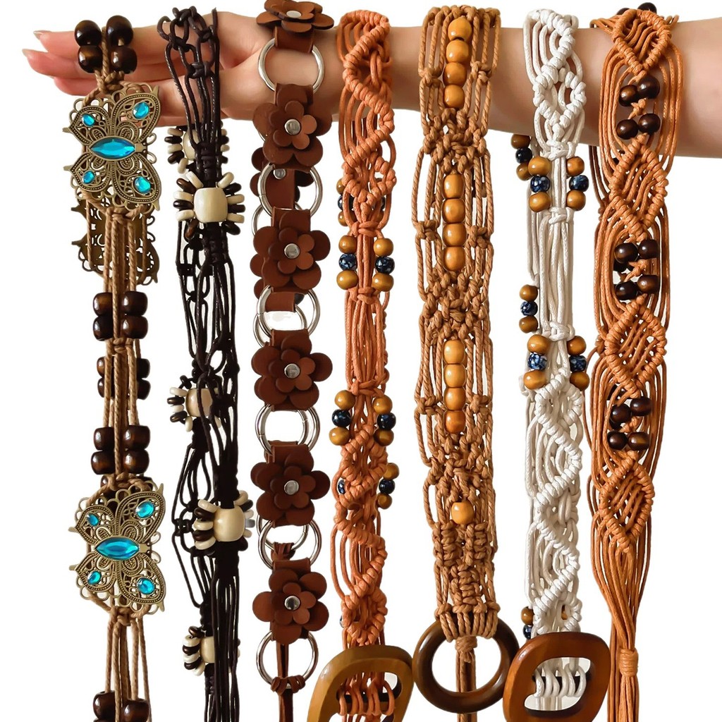 Đai thắt lưng nữ màu nâu phong cách retro boho phù hợp cho kỳ nghỉ
