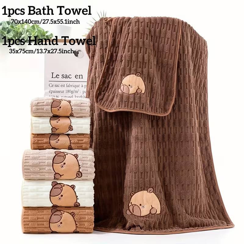 Alittlesetrtu 2-Pa Bộ khăn tắm mặt Capybara dễ thương, lông cừu san hô siêu mềm, khăn 34x74 inch và khăn tắm 70x140 inch, siêu thấm và sấy khô VN