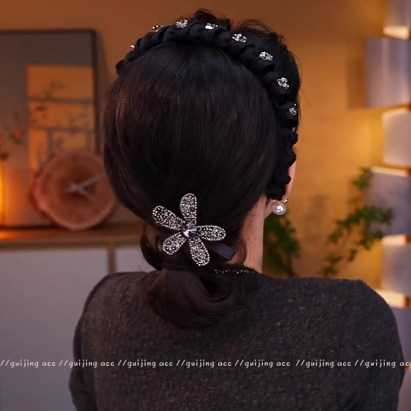 Đơn giản nơ kim cương giả mỏ vịt với kẹp tóc nhung đen, phụ kiện tóc sang trọng và ánh sáng lấp lánh - VWLI