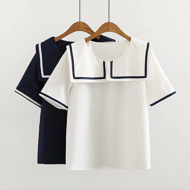 Mùa Xuân - Hè Áo Sơ Mi Trắng Style Thủy Thủ 100% Cotton, Cổ Rời, Tay Ngắn