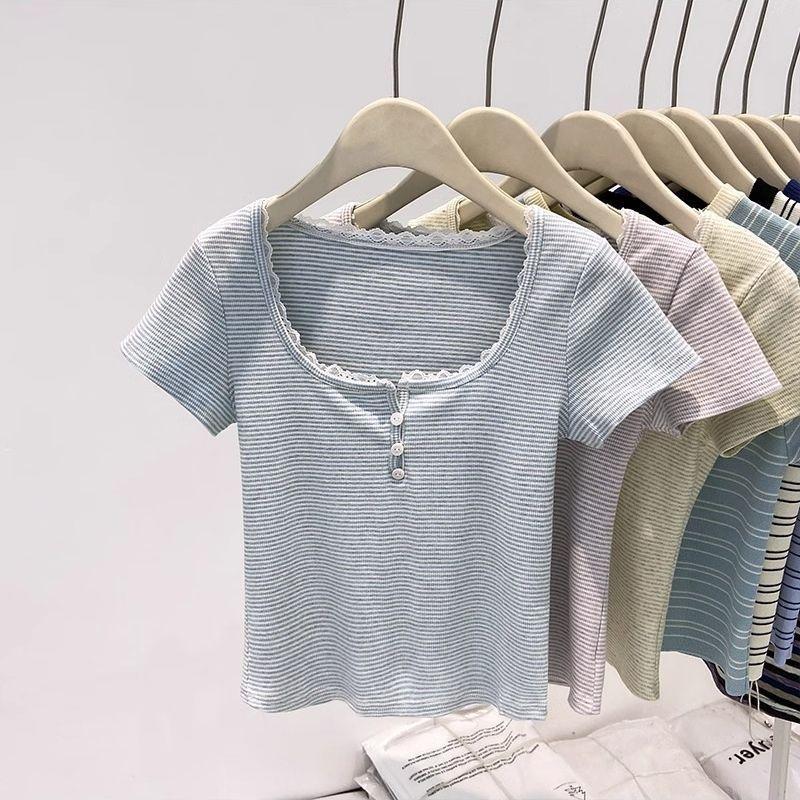 Áo thun nữ sọc vai, form slim-fit phù hợp mùa hè