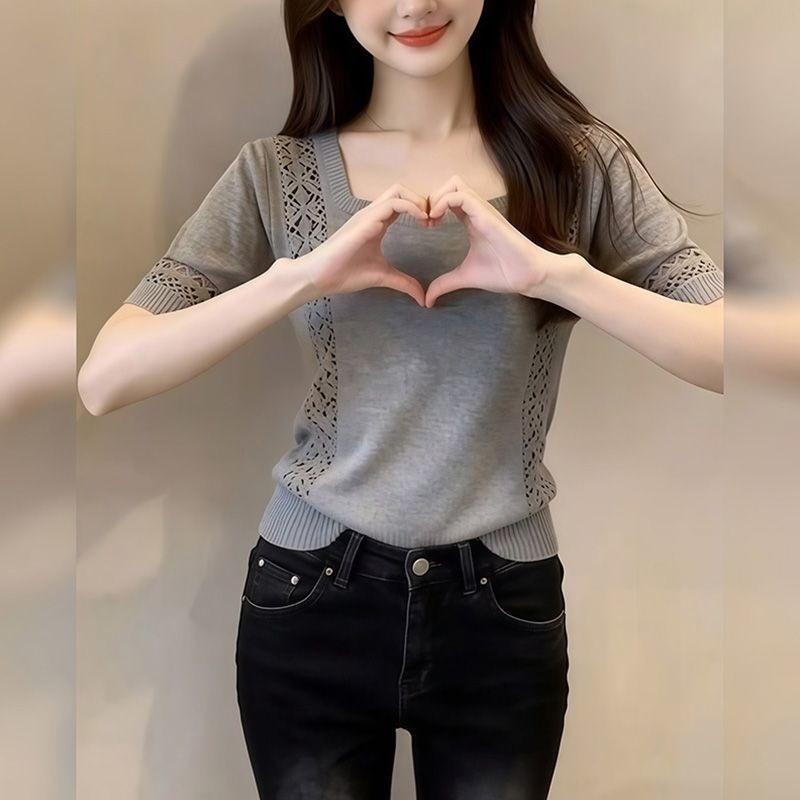 Áo ngắn tay dệt kim cổ vuông cổ điển, phù hợp mùa hè dành cho nữ