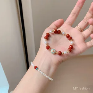 Vòng tay ngọc trai xếp chồng từ Trung Quốc, phong cách Trung Hoa, màu đỏ, quà tặng cao cấp