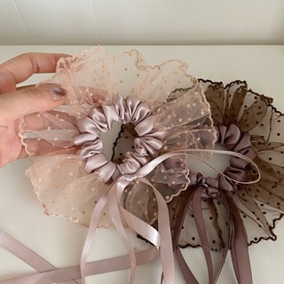 Hululu - Dream Ballet Scrunchy Satin Chấm Bi với Nơ Phong Cách Hoàng Tử Ballet