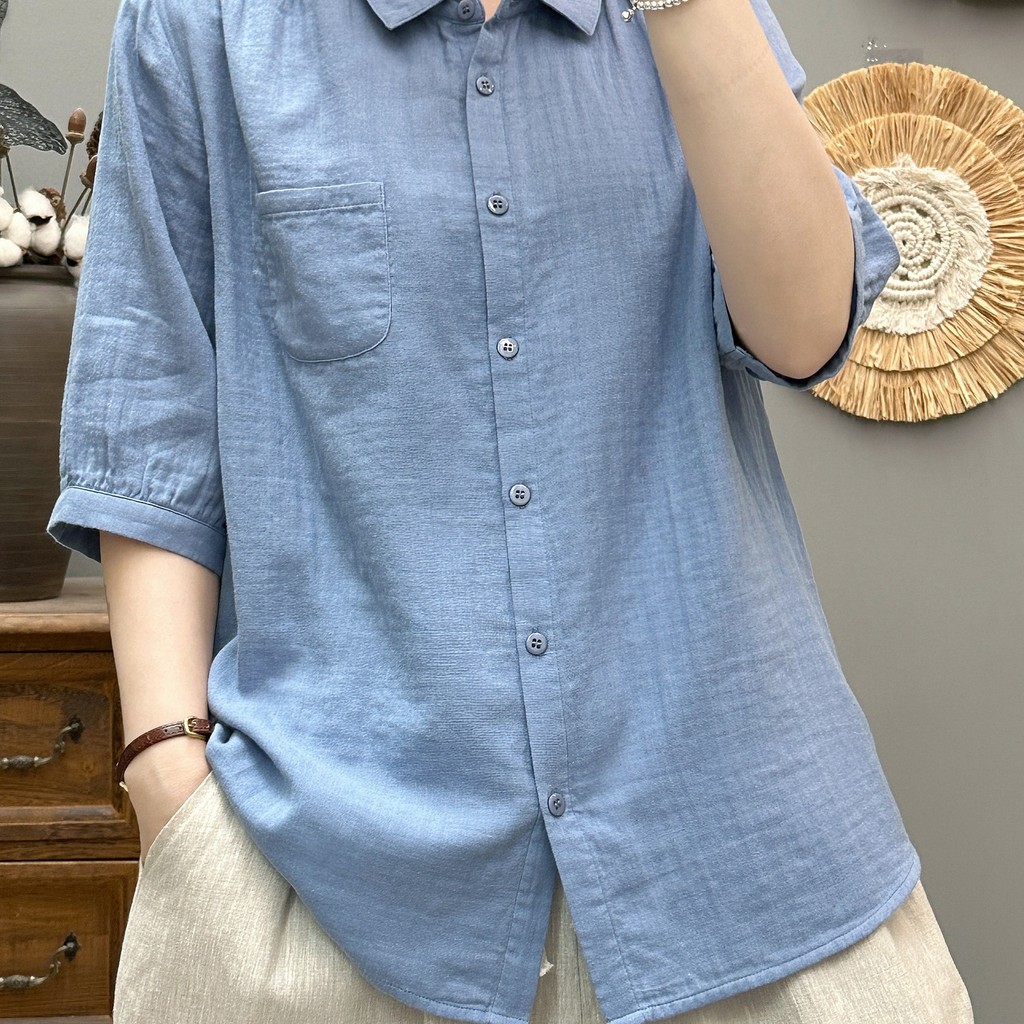 <![Sẵn Sàng] Áo sơ mi nữ mùa hè từ sợi cotton cao cấp, tay năm phần tư rời, thoáng mát và mềm mại