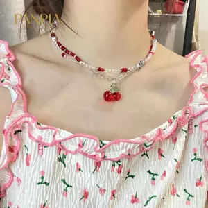 PNPIA- Y2K Đỏ Anh Đào Trái Tim Đính Hạt Choker Nelace Nữ Boho Hạt Anh Đào Mặt Dây Chuyền Nelace Vintage Không Đều Nelace Trang Sức
