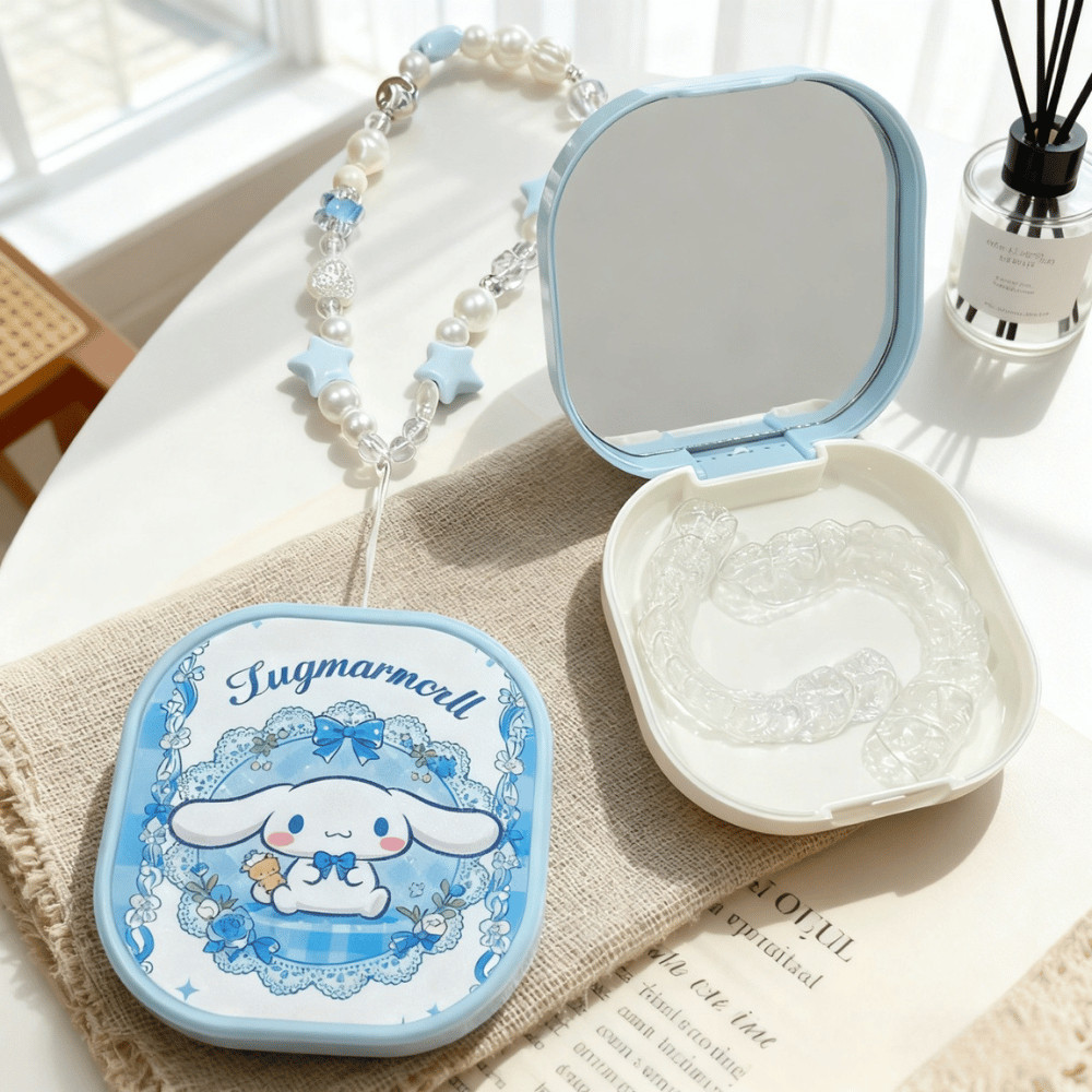 Khay Đựng Niềng Răng Kèm Dây Đeo Đính Hạt Hộp Đựng Hàm Duy Trì Có Gương Nắp Đậy Tiện Lợi