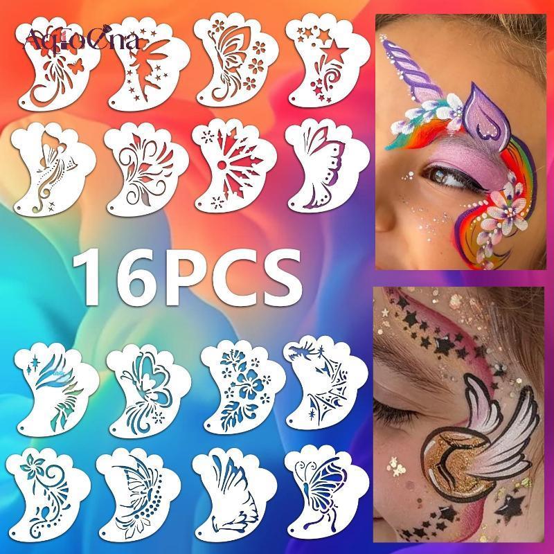 Bộ 16 khuôn vẽ mặt & body nghệ thuật AqToCna, tái sử dụng, stencil rỗng, hỗ trợ vẽ lông mày, trang trí, cosplay, hóa trang dự tiệc