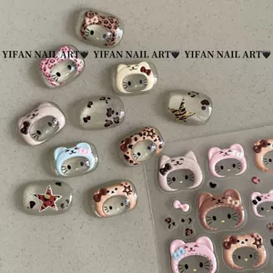 Da Báo Kitty Ba Chiều Thạch Mũ Ngón Tay Cái Da Báo In Hình Mèo KT Làm Móng Tay Miếng Dán