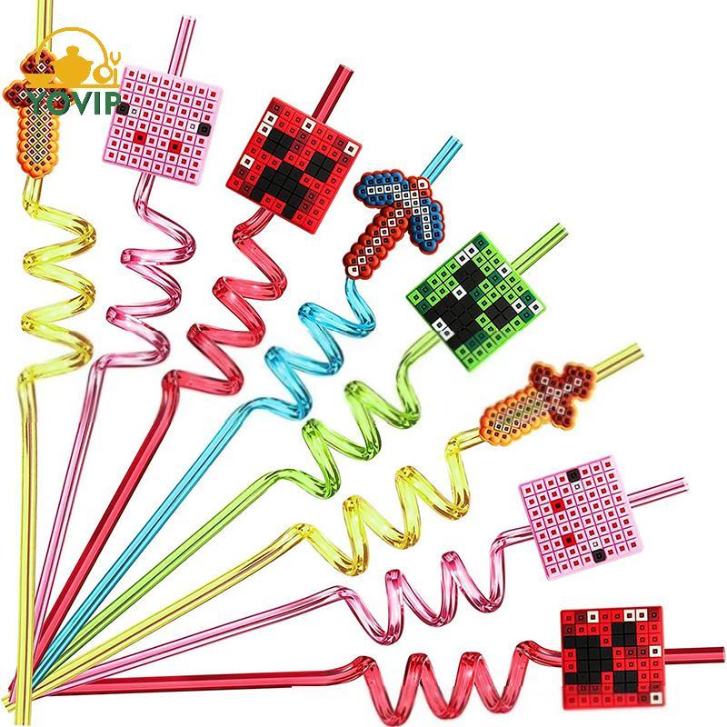YOVIP 5 Chiếc Pixel Ống Hút Có Thể Tái Sử Dụng Mỏ Nhựa Xoắn Ốc Ống Hút Uống Trẻ Em Sinh Nhật Ủng Hộ Trang Trí Ống Hút Nước Trái Cây VN