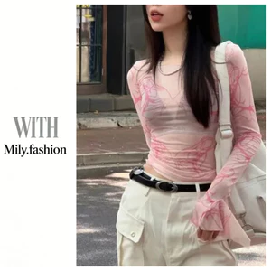 Milyfashion Áo Thun Tay Dài Chống Nắng Dáng Ôm In Họa Tiết Màu Hồng Thời Trang Mùa Hè Hàng Mới