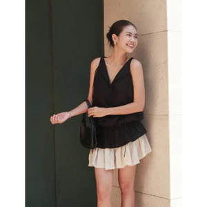 Đầm Suông Linen Cổ V Bo Hông, Đầm Hai Dây Cổ V Linen