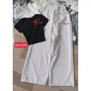sét bộ quần dài da cá xám tiêu chữ kí +mix áo thun Croptop chữ độc lập tự do in ng ự c-chang3158