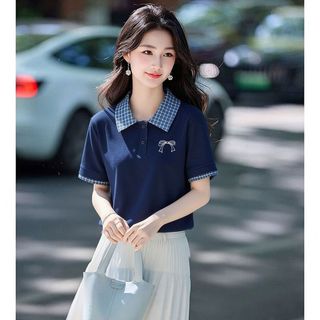 【MIZIQI】Áo thun nữ kẻ sọc mùa hè POLO, áo thun ngắn tay in hình nơ giảm tuổi