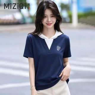【MiZiQi】Áo thun ngắn tay có mũ trùm đầu dành cho nữ, Áo cổ chữ V giả hai mảnh mùa hè
